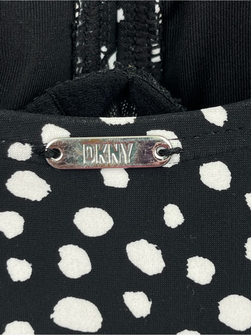 DKNY black & white ruffle trimmed modest 1 piece swimsuit, size 10. - Picture 5 of 8